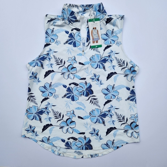 NWT IZOD Blue and White Floral Sleeveless Top Zip Mock Neck Women XL Activewear - Picture 1 of 11
